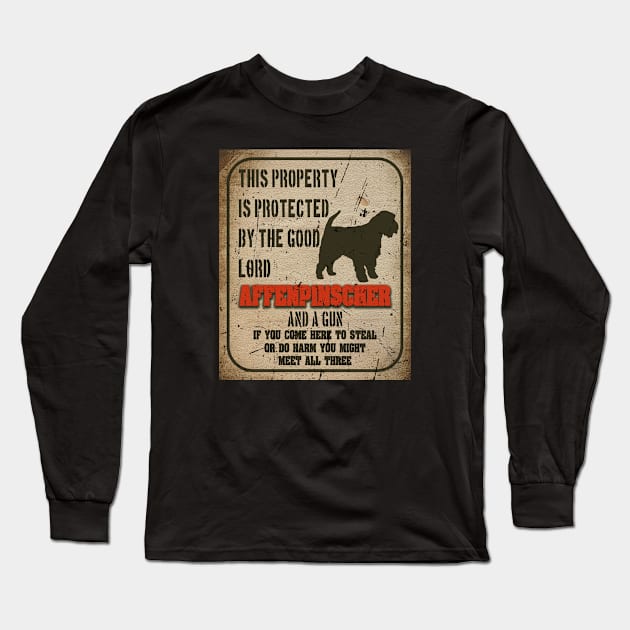 Affenpinscher Silhouette Vintage Humorous Guard Dog Warning Sign Long Sleeve T-Shirt by Sniffist Gang